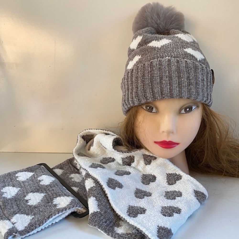 Soft Warm Gray And White Pom Pom Beanie And Reversible Infinity Scarf Set